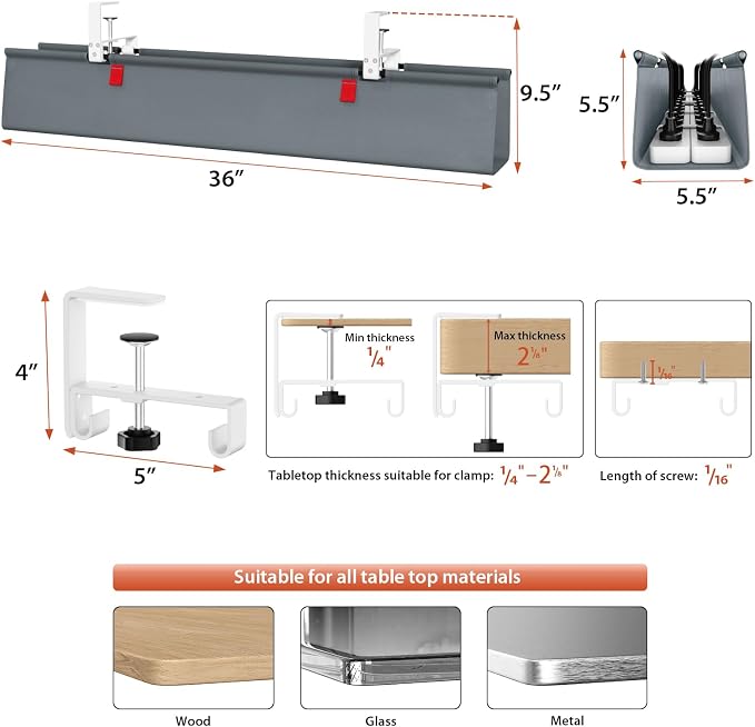 Univivi No Drill Under Desk Cable Management Tray, 36" Cord Organizer for Table, Clamp/Screw Mount Desk Cable Management, Premium Fabric Cable Management Tray for Office, Home