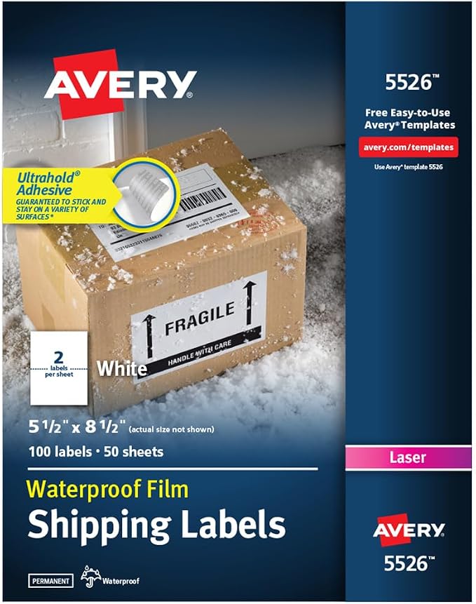 Avery Durable Waterproof Shipping Labels with Sure Feed Technology, 5.5" x 8.5", White, Laser Compatible, 100 Blank Labels per Pack, Great for Mailing, Branding, and More (5-Pack of 5526)