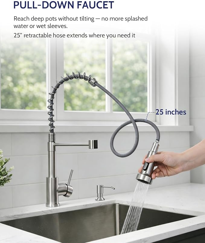 LUFEIDRA Kitchen Faucet with Pull Down Sprayer and Soap Dispenser, High Arc Spring 304 Stainless Steel Single Handle 1 or 3 Hole 2 Mode for Farmhouse RV Camper Laundry Bar Pot Filler (Brushed Nickel)