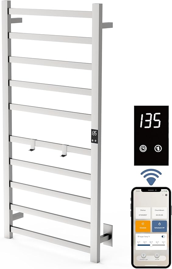 Topdattion Smart Wireless Electric Towel Warmer | Blade Thin 10 Bar Design | Hardwired & Plug-in | Alexa & Google Home Compatible | Brushed Finish