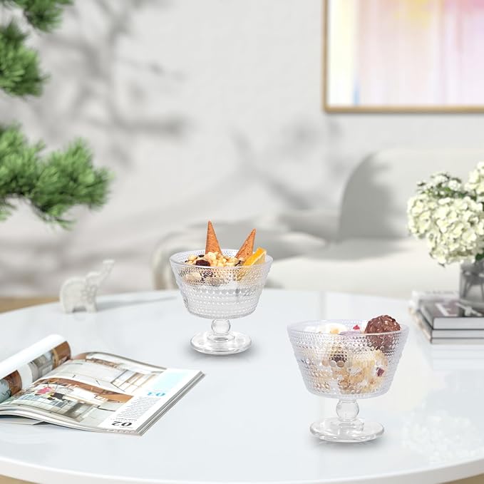 Glass Dessert Bowls Breakfast Cups,Dessert cups Set of 4, 9oz Glass Ice Cream Sundae Cups，Glass Dessert Bowls, For oats，Ice Cream, Milk, Sorbet, Yogurt (4PCS), Transparent, D-1059