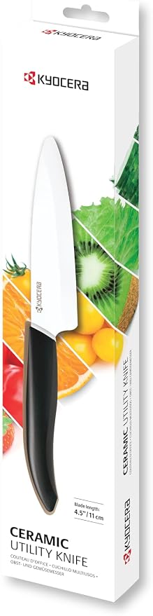 Kyocera Advanced Ceramic Revolution Series 4.5-inch Utility Knife, Black Handle, White Blade - FK-110 WH | KYOCERA Revolution 4.5-Inch Utility Knife: Ultra-Sharp Japanese Zirconia Blade for Precise Cutting of Fruits and Vegetables