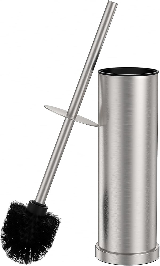 Stain Nickel Toilet Brush and Holder Set，Stainless Steel Heavy Duty Toilet Bowl Brush，Extra Long Handled Modern Toilet Cleaner Brush with Replaceable Head, Removable Inner Bowl, and Splash Protection