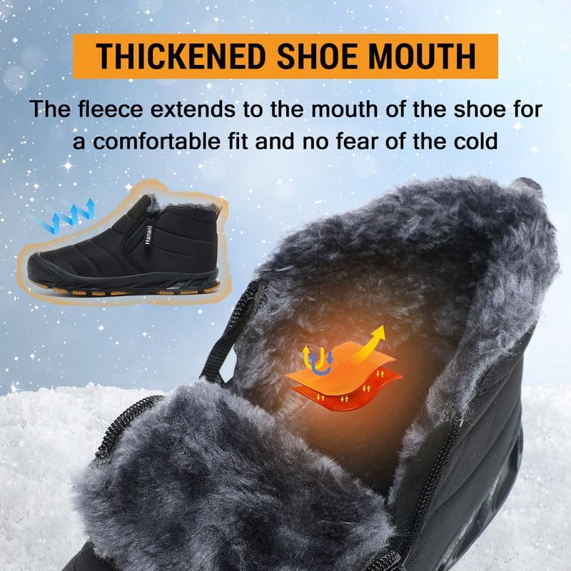 Hanani Mens Snow Boots Waterproof Winter Boots for Men Fur Lined Warm Ankle Boots Zipper Closure Slip on Outdoor Boot Comfortable Walking Shoes