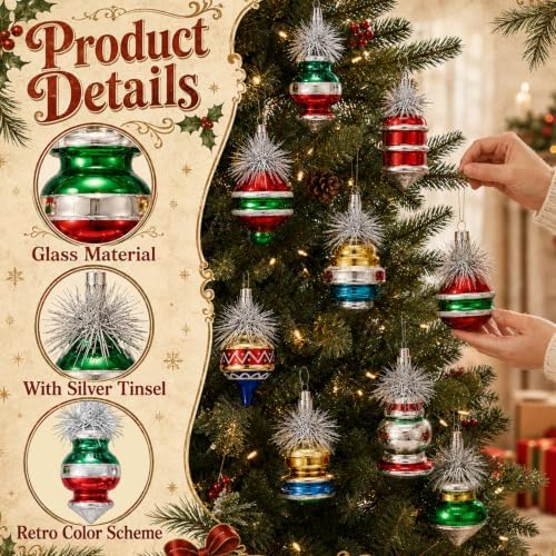 Soulchen 8pcs Retro Glass Christmas Finial Ornament with Reflector for Tree