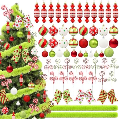 59 Pcs Christmas Tree Decorations Peppermint Candy Ornaments Candy Cane Tree Picks Xmas Balls Bow Lime Green Garland Christmas Hanging Ornaments for Xmas Home Office Decorations