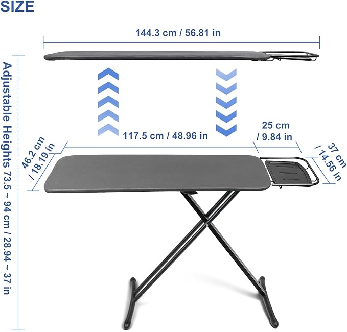 Duwee 18"x46" Ironing Board with Heat Resistant Cover and Thicken Felt Pad | Deluxe Iron Board with Steam Iron Rest,Adjustable Height Heavy Duty Ironing Board Full Size,Heavy Sturdy Legs,Black