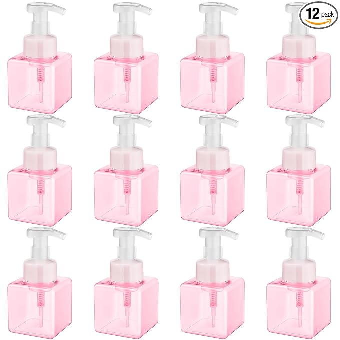 Domensi Foaming Soap Dispenser 8.5 oz Foam Pump Bottle Bulk Empty Travel Foaming Dispenser Refillable Hand Soap Plastic Pump Bottle Travel Clear Container for Bathroom Vanities(12 Pcs,Pink)