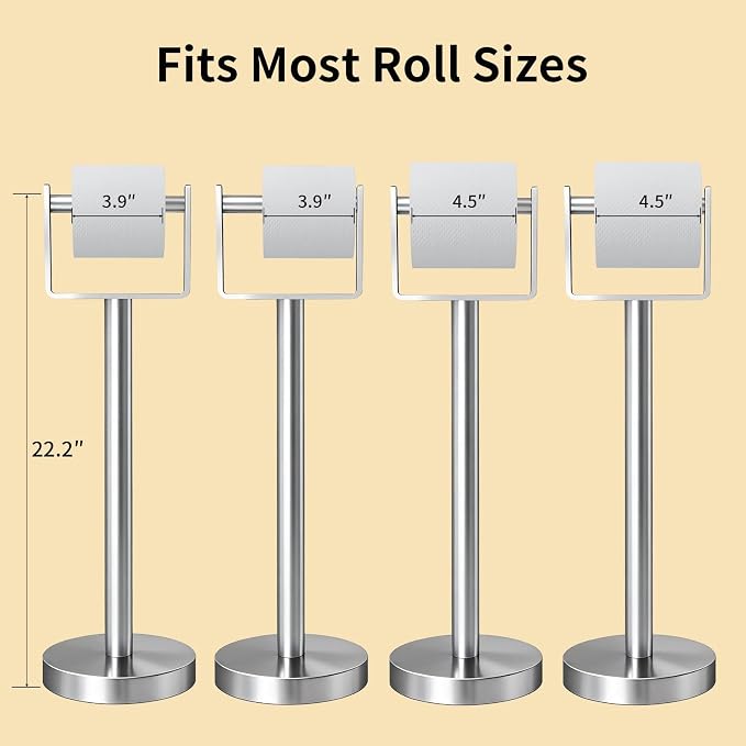 YUMORE Toilet Paper Holder Free Standing, Stainless Steel Toilet Paper Stand, Weighted Base Floor Tissue Roll Holder for Bathroom, Brushed Nickel 200UP
