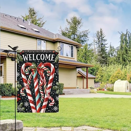 Christmas Garden Flag Candy Cane Flag Welcome Holiday Yard Banner 12x18 Inch Double Sided Winter Xmas Outdoor Lawn Decoration Seasonal House Porch Patio Decor for Farmhouse Outside