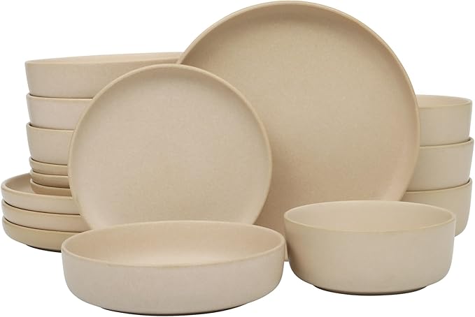 Gibson Elite Pasco 16 Piece (Service for 4) Plates and Bowls Double Bowl Reactive Glaze Dishes Stoneware Ceramic Dinnerware Set - Cream