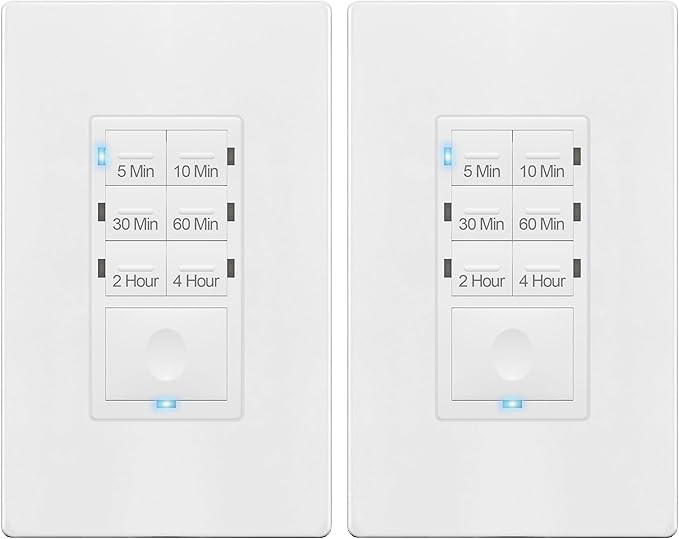 ENERLITES 4-Hour Countdown Timer Switch, 5-10-30-60 Min, 2-4 Hour, for Bathroom Fans, Lights, 120VAC Neutral Wire Required, UL Listed, HET06-W-2PCS, White, 2 Pack