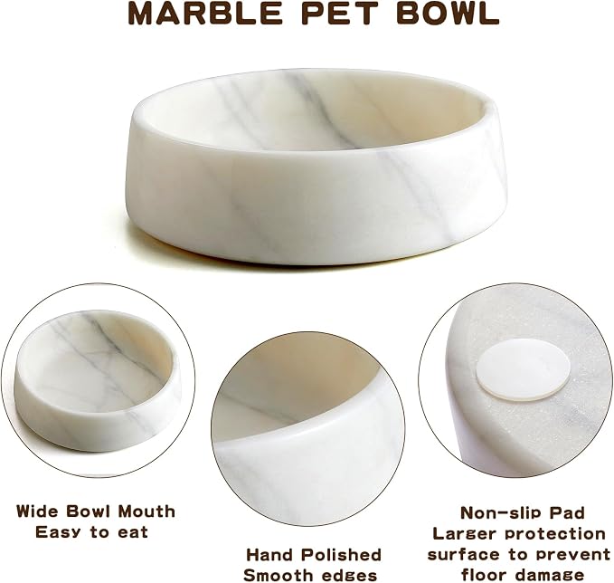 SAMAH White Marble Dog Bowl, Non-Slip Non-Tipping Heavy Dog Food Bowl, Large Weighted Stone Dish, Natural Marble Dog Water Bowl, Easy to Clean, Gifts for Cat & Dog Lovers, Holds 6 Cups(6 lbs)