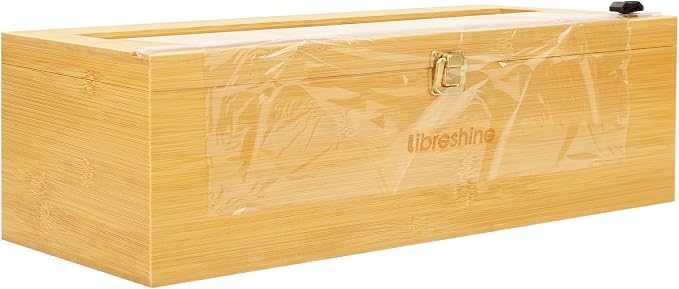 Libreshine 18 Inch Plastic Wrap Dispenser with Cutter & Roller, Heavy Duty Bamboo Commercial Film Wrap Holder for 3000ft Food Service Cling Film, 1000ft Foil, Butcher/Freezer/Kraft Paper