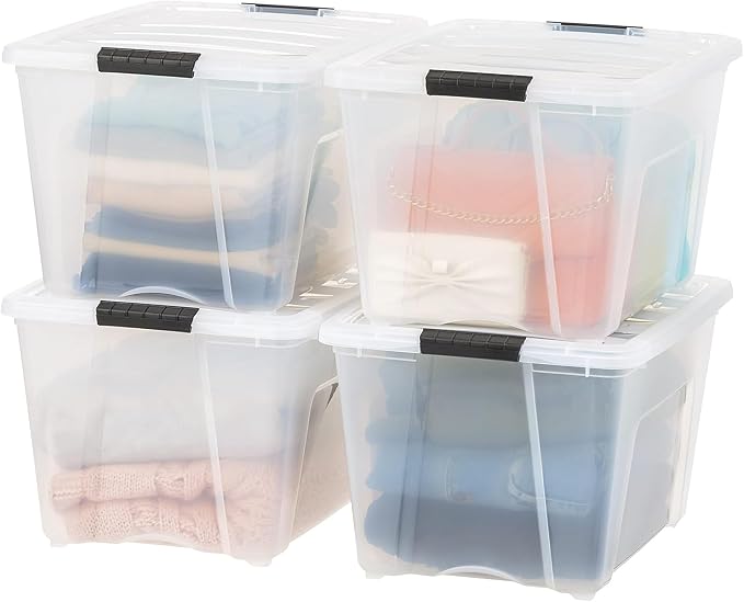 IRIS USA 54 Qt Stackable Plastic Storage Bins with Lids, 8 Pack - BPA-Free, Made in USA - See-Through Organizing Solution, Latches, Durable Nestable Containers, Secure Pull Handle - Clear