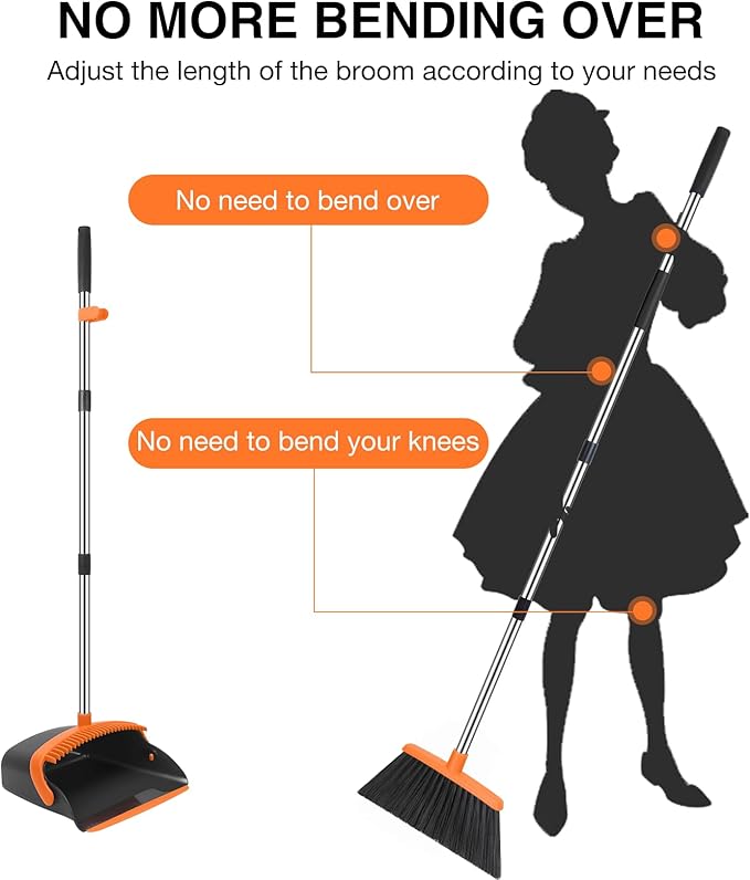 NACENA Broom and Dustpan Set, 52-in Long Adjustable Handle Broom Dustpan Combo with Dustpan Teeth to Automatically Clean Hair Suitable for Home Kitchen Office Hall Floor（Black&Orange）