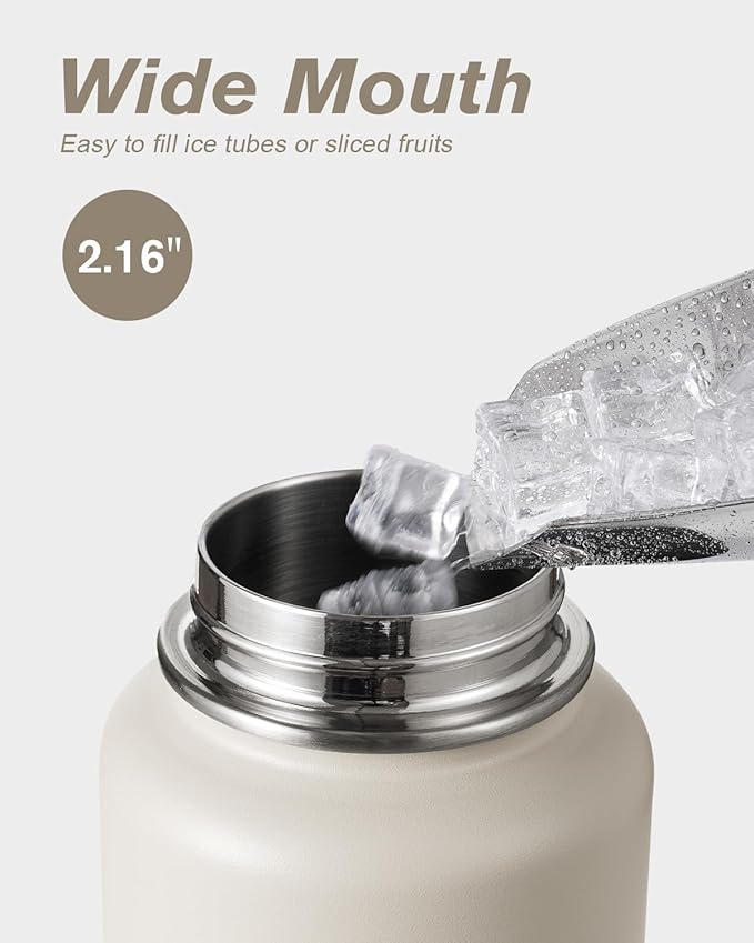 Coolflask Water Bottle Insulated with Straw & 3 Lids, 40 oz Water Jug Large Metal Stainless Steel Wide Mouth for Sports, Gym or Office, Non-BPA Keep Cold 48H Hot 24H, Greige