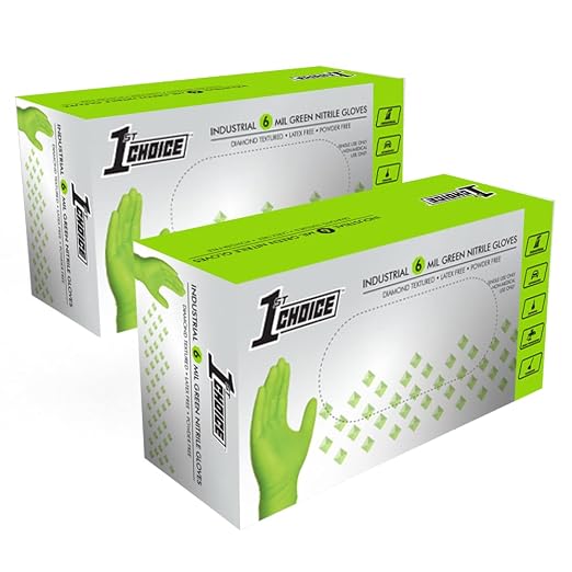 1st Choice Green 6 mil Nitrile Disposable Gloves Diamond Grip XXL 200 | Bulk Purchasing Options, Medium Duty Gloves for Mechanics, Business, and Household Tasks, Food Safe and Chemical Resistant