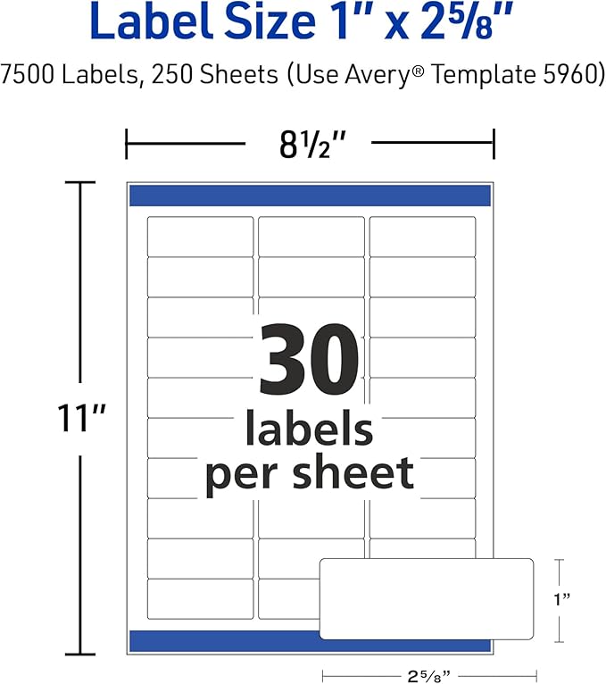 Avery Easy Peel Printable Address Labels with Sure Feed,1" x 2-5/8" Customizable Stickers,White,7,500 Blank Mailing Labels,Great for Mailing,Shipping,and More (5960),(Pack of 2)