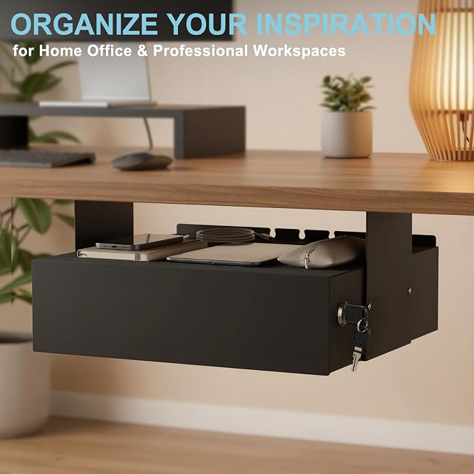 Under Desk Lockable Drawer, Slide-Out Storage Organizer with Full Extension Ball-Bearing Slides, Carbon Steel Undermount Drawer for Home Office Standing Desk, Black, 13.8 Inch