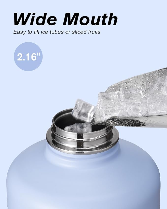 Half Gallon Water Bottle Insulated with Straw & 3 Lids, Coolflask 64 oz Water Jug Large Metal Stainless Steel Wide Mouth for Sports, Gym or Office, Non-BPA Keep Cold 48H Hot 24H, Light Blue