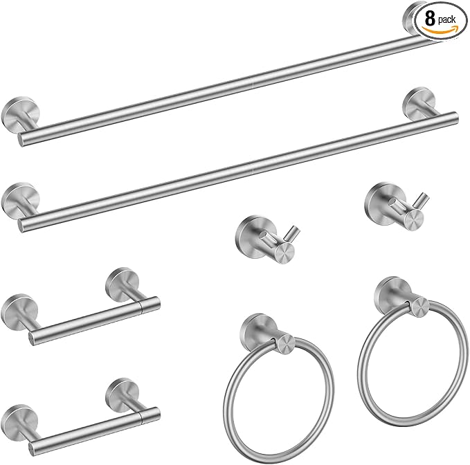 FORIOUS Bathroom Hardware Accessories Set, SUS304 Stainless Steel Towel Bar Set, Modern Towel Racks Holder for Bathroom, Toilet Paper Holder Wall Mounted 8 Pieces(24" Bar, Brushed Nickel, 2 Pack)