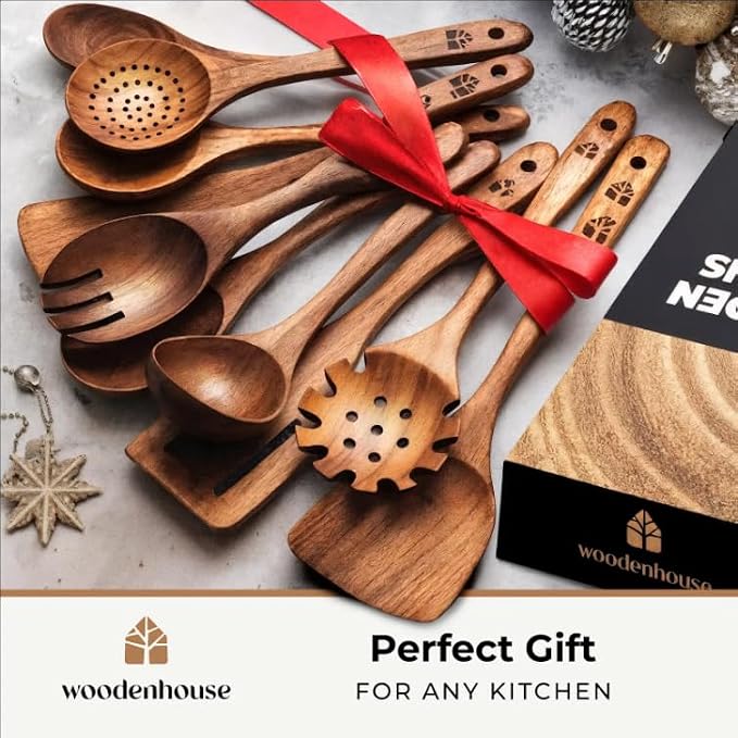 Wooden Spoons for Cooking – 10 Pcs Teak Wood Utensil Set, Durable, Nonstick Safe & Heat Resistant with Ergonomic Handles