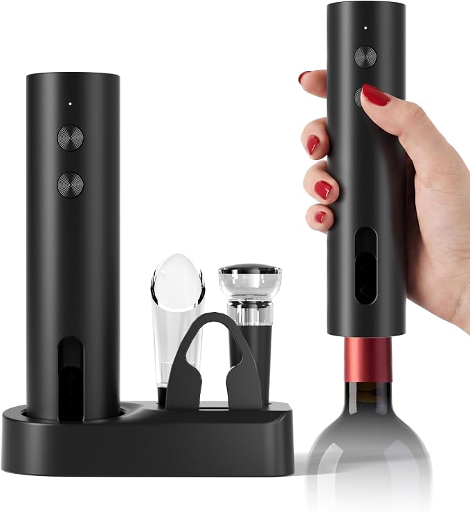 Rechargeable 5-in-1 Electric Wine Opener Set, Cordless Automatic Wine Bottle Opener with Foil Cutter, Aerator Pourer, Vacuum Stopper & Storage Base, Ideal for Home Bar, Party, Wedding Gifts