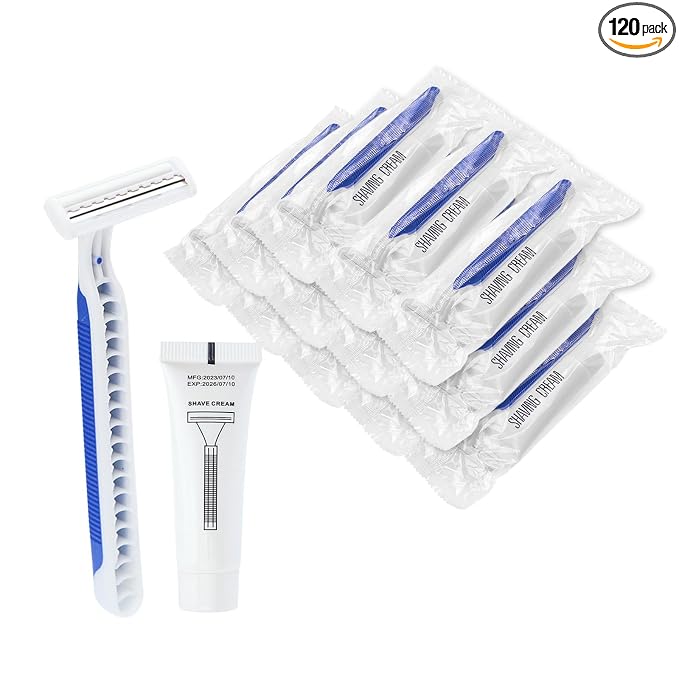 Disposable Razors in Bulk Pack of 120,Blue Disposable Shaving Razors Individual Wrapped Twin Blade Bulk Disposable Razors with Clear Cap and 10g Shaving Cream for Homeless,Hotel,Travel,Charity,Shelter