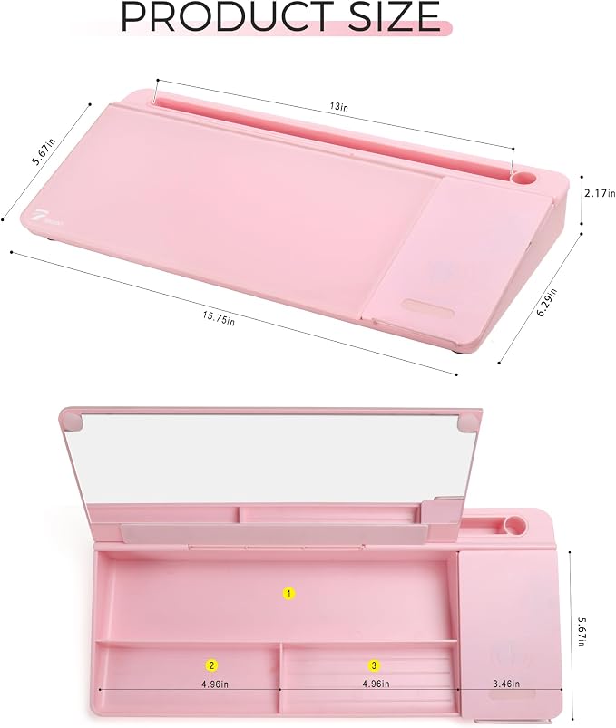 TOWON Desktop Glass Whiteboard with Charger Pad, Small Desk Whiteboard - Glass Dry Erase White Board- Desk Computer Buddy with Storage, Mirror and Charging Station, Pink, 17 x 6 in