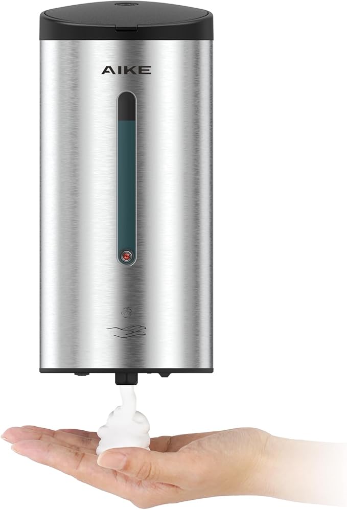 AIKE Automatic Foam Soap Dispenser 25oz for Bathroom,Brushed Steel AK1205FA | Rich Foam and Stainless Steel,No-drill and Screw Wall Mount,5-Level Adjustable and Key for Commercial(Batteries Not Included)