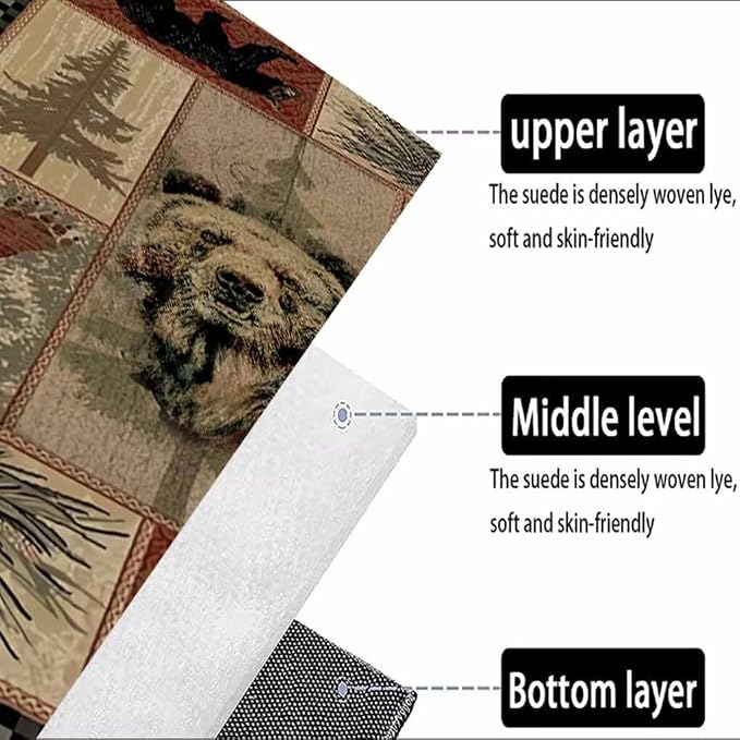 Vintage Lodge Cabin Bear Rugs for Dining Room Non-Slip Rustic Forest Wildlife Style Throw Rug Home Decor Lattice Border Floor Carpet Mat 4'x6'