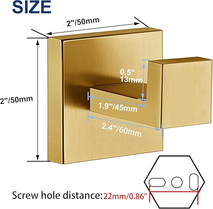 Towel Hooks for Bathrooms, Brushed Gold Towel Hook for Kitchen Bathroom, SUS304 Stainless Steel Coat Hook, Heavy Duty Towels Holder Hooks for Hanging，1 Pack