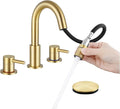 Brushed Gold Bathroom Faucet 3 Hole with Pull Out Sprayer, 8 inch Widespread Bathroom Faucets with Pop Up Drain, Bathroom Sink Faucet with 360° Swivel Spout, 2 Handle Vanity Faucet