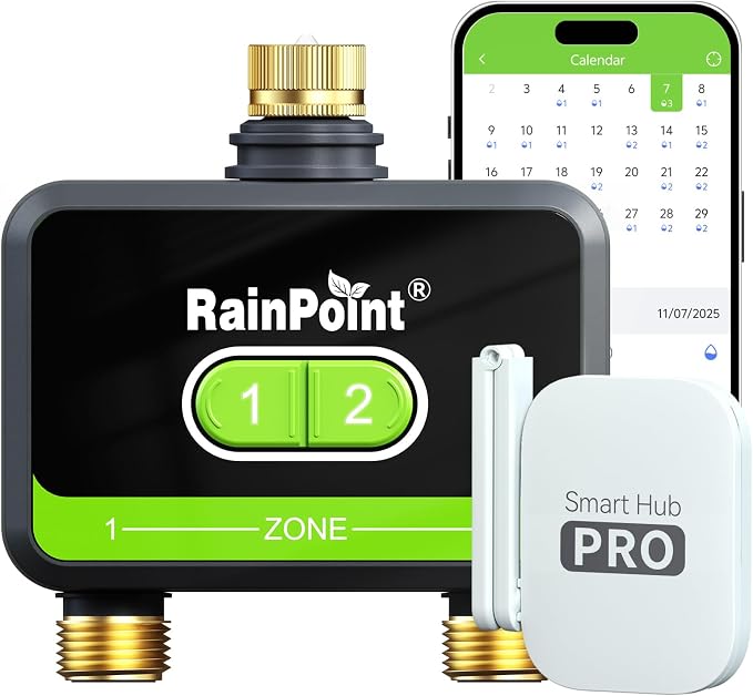 RainPoint WiFi Water Timer for Garden Hose with Brass Inlet & Outlet, 2-Zone Smart Hose Timer, WiFi Irrigation Controller via APP/Voice Control, Automatic Sprinkler Watering System for Lawns and Yard