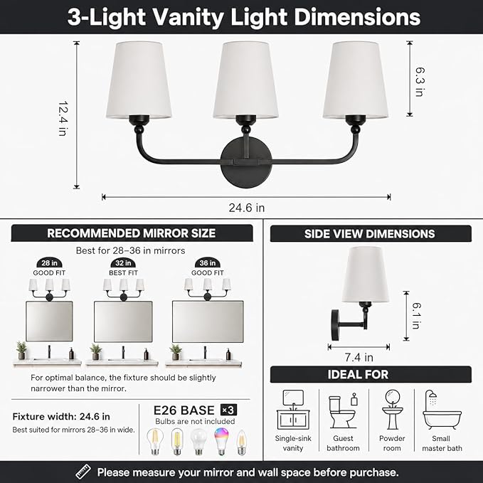 Bathroom Vanity Light, Matte Black Bathroom Light Fixtures, 3-Light Lighting Fixtures Over Mirror, Modern Wall Sconce with Flared White Fabric Shade, E26 Socket(ETL Listed)