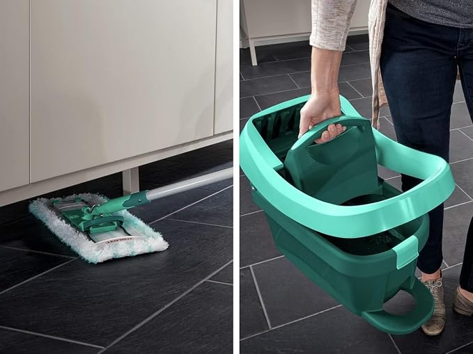 Leifheit Floor Cleaning Profi XL Mop and Bucket Set – 42 cm Microfibre Mop for Large Floors with 360° Joint, Foot-Pedal Wringing System, Heavy Duty 8 L Bucket, Easy Moist or Wet Cleaning, Turquoise | Bucket wringer on wheels, foot wringing system, 2 Mi...