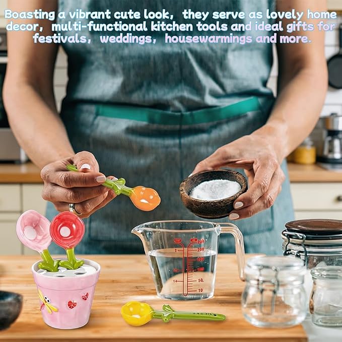 Ceramic Measuring Spoons, 2027 New Flower Measuring Spoons Set In Pot, with Base Decorative Flower Pot and Cup Set for Home and Kitchen (Pink base)