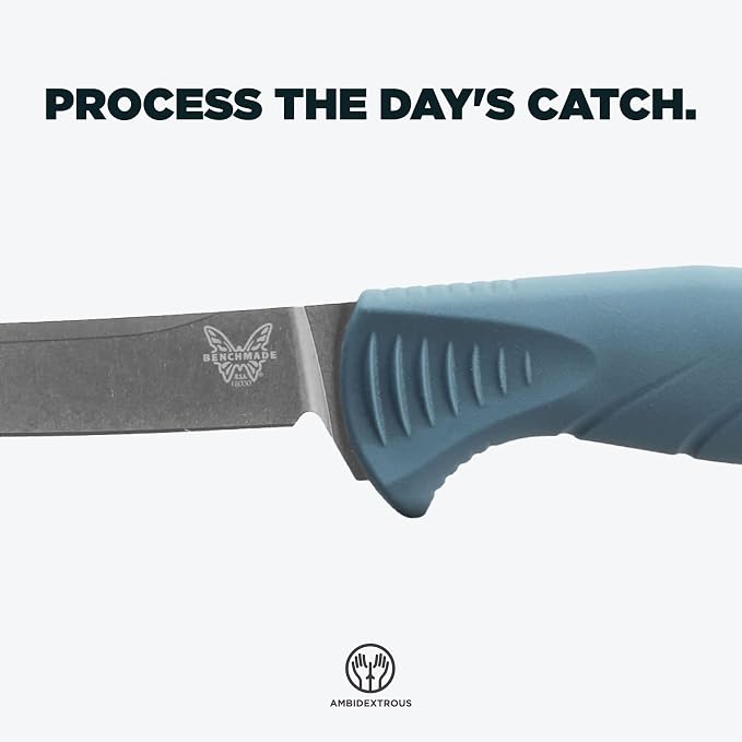 Benchmade Fishcrafter Fishing Knife, MagnaCut Steel Blade (18030) | Depth Blue Santoprene handle, Trailing-Point blade