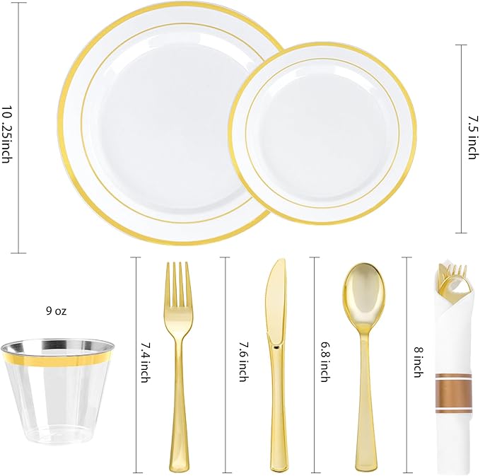 BESTVIP 700PCS Gold Plastic Dinnerware Set for 100 Guests, Disposable Plates for Party, Include: 200 Plastic Plates, 100 Pre Rolled Napkins with Gold Silverware, 100 Cups for Christmas, Halloween