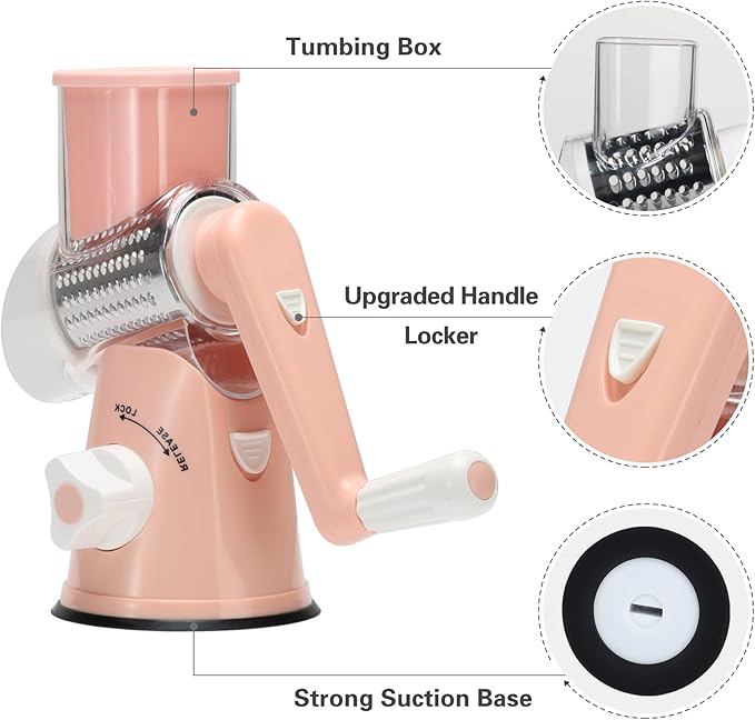 Cambom Rotary Cheese Grater Hand Crank Cheese Shredder for Fresh Cheese, Vegetable, Nuts,Non-slip Suction Base，Three Blades,Pink