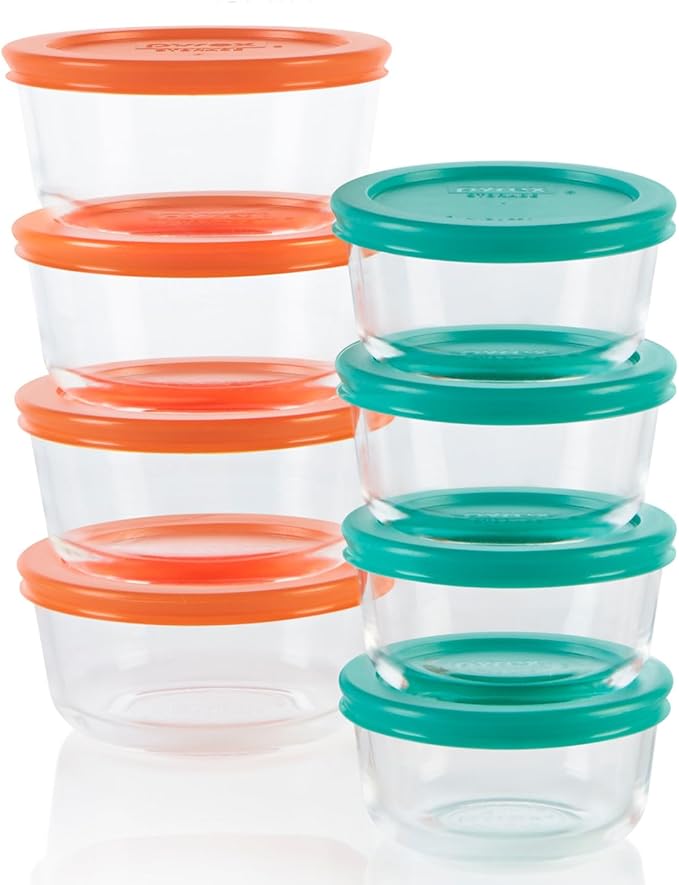 Pyrex Simply Store (8-Pack) Small Glass Food Storage Containers Set, (1 & 2 Cup) Meal Prep Containers With Plastic BPA-Free Lids, Dishwasher & Microwave Safe | Meal prep containers (1 & 2 cup) with BPA-free plastic lids, dishwasher & microwave safe