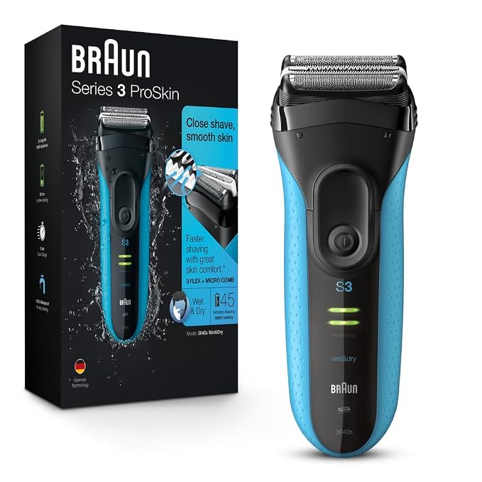 Braun Electric Series 3 Razor with Precision Trimmer, Rechargeable, Wet & Dry Foil Shaver for Men, Blue/Black, 4 Piece | Precision Trimmer, Rechargeable, Wet & Dry, Foil Shaver, 4 Piece