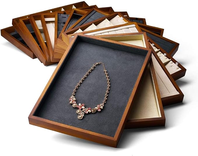 Oirlv Wood 24 Grids Jewelry Tray with Removable Inserts Jewelry Pads Necklace/Pendant Display Organizer Tray(Grey)