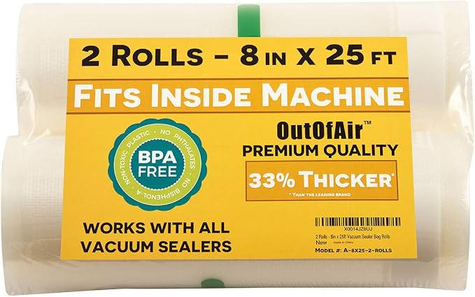 8" x 25' Rolls (Fits Inside Machine) - Pack of 2 (50 feet total) - OutOfAir Vacuum Sealer Rolls. Works with FoodSaver Vacuum Sealers. 33% Thicker, BPA Free, Sous Vide, Commercial Grade