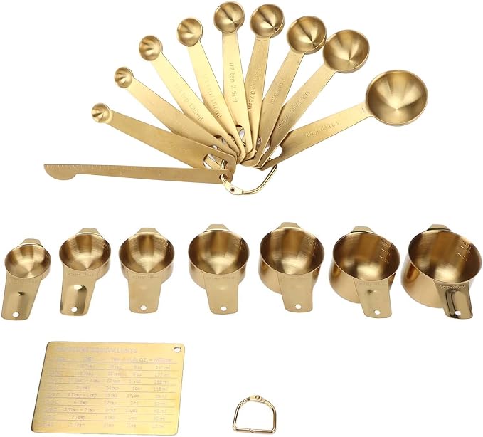 LiebeWH 18PCS Measuring Cups and Spoons Set, Stainless Steel Measuring Spoon and Cup Set, Gold with 7 Cups 10 Spoons Scale Plate Buckle, for Cooking Baking Coffee