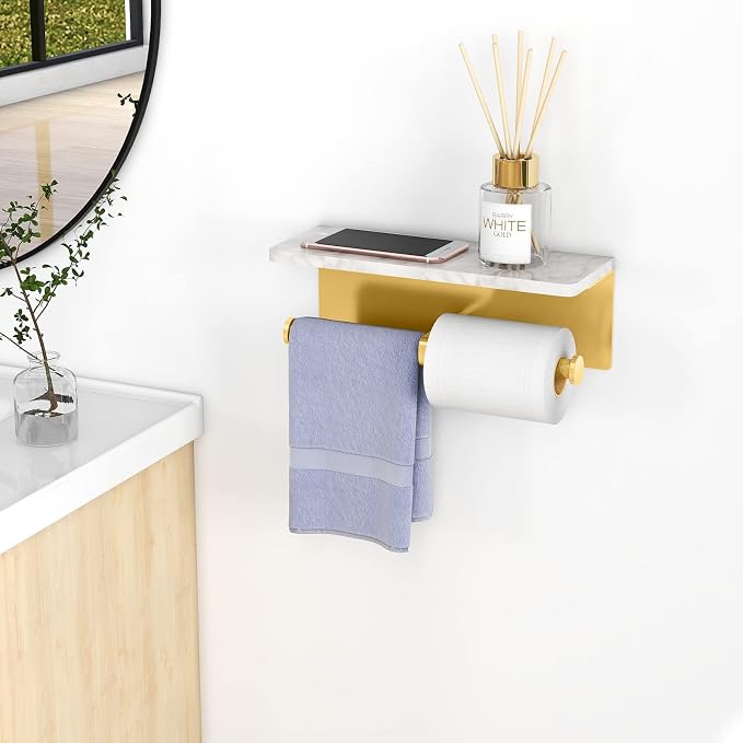 Gypie Brushed Gold Toilet Paper Holder with Marble Shelf, Double Rolls | Toilet Paper Holder with Storage, Toilet Paper Wall Mount for Bathroom Washroom