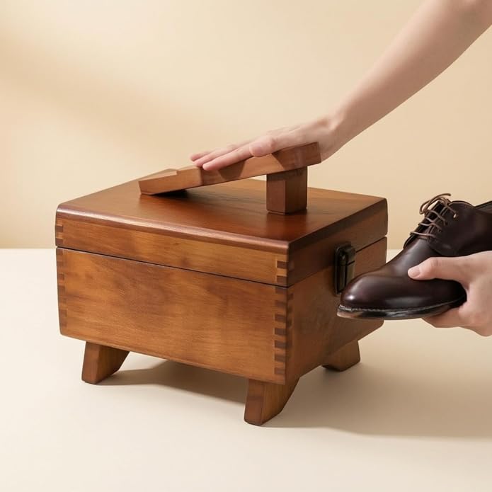 Shoe Polish Shoe Care Box Organizer Storage Carrier With Wooden Build Hinged Lid Latch Closure Elevated Base Portable Handle suitable for travel between rooms office storage home care , style to 1