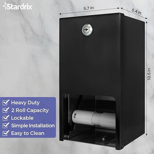 Stardrix Matte Black 2 Roll Stainless Steel Commercial Toilet Paper Dispenser, Heavy Duty Wall Mount Tissue Holder with Lock for Restroom/Bathroom