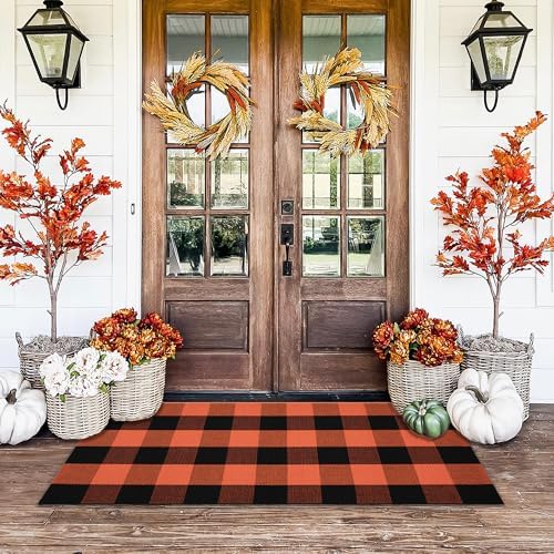 Orange and Black Plaid Rug, 24'' x 51'' Fall Outdoor Front Door Decor Mat, Cotton Washable Hand-Woven Rug for Layered Doormat, Autumn Halloween Thanksgiving Carpet for Porch, Entryway